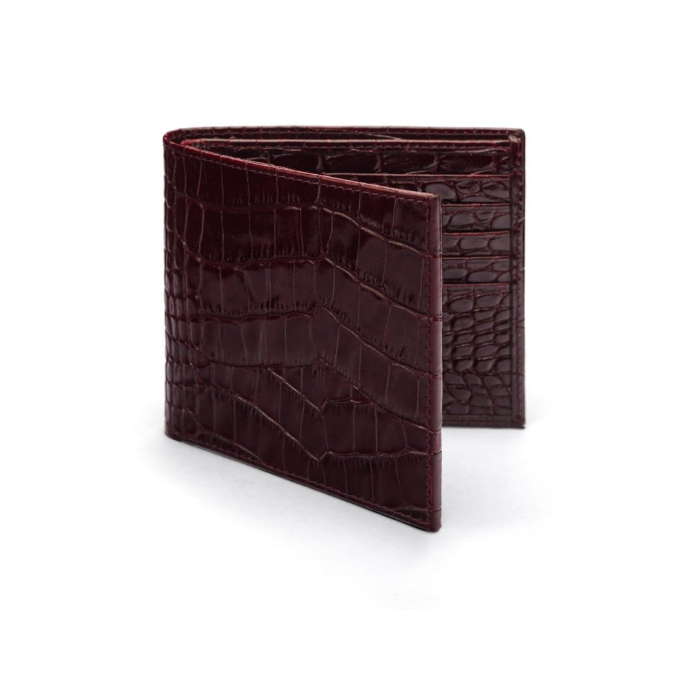 Men's leather billfold wallet, burgundy croc, front
