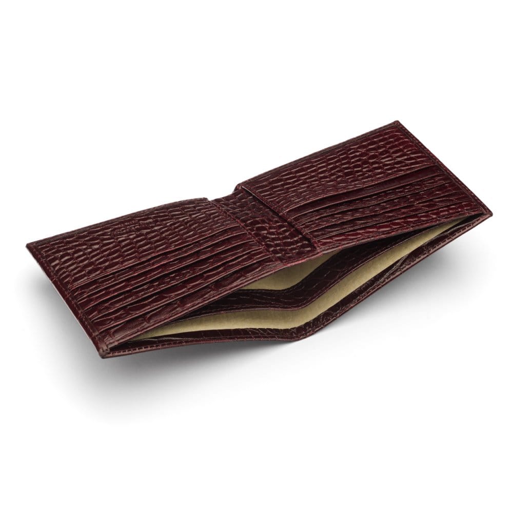 Men's leather billfold wallet, burgundy croc, inside