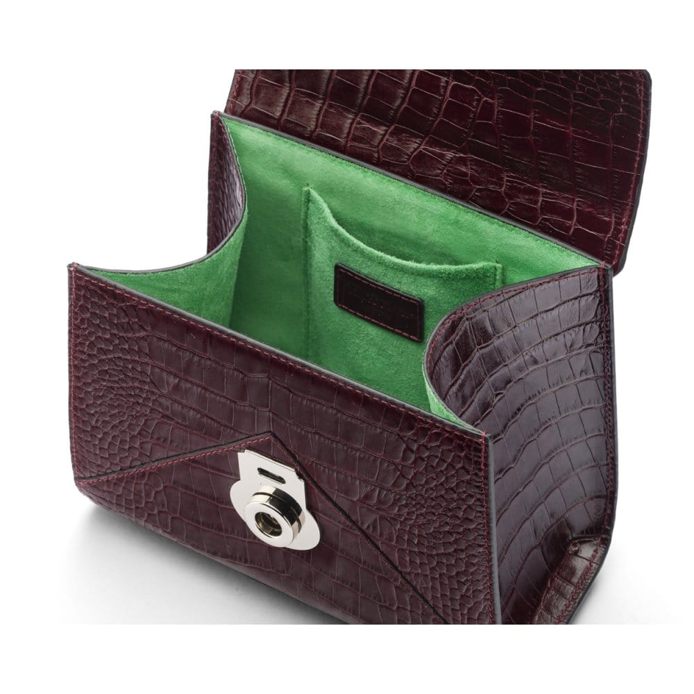Mini Burnett small top handle bag, burgundy croc, inside view