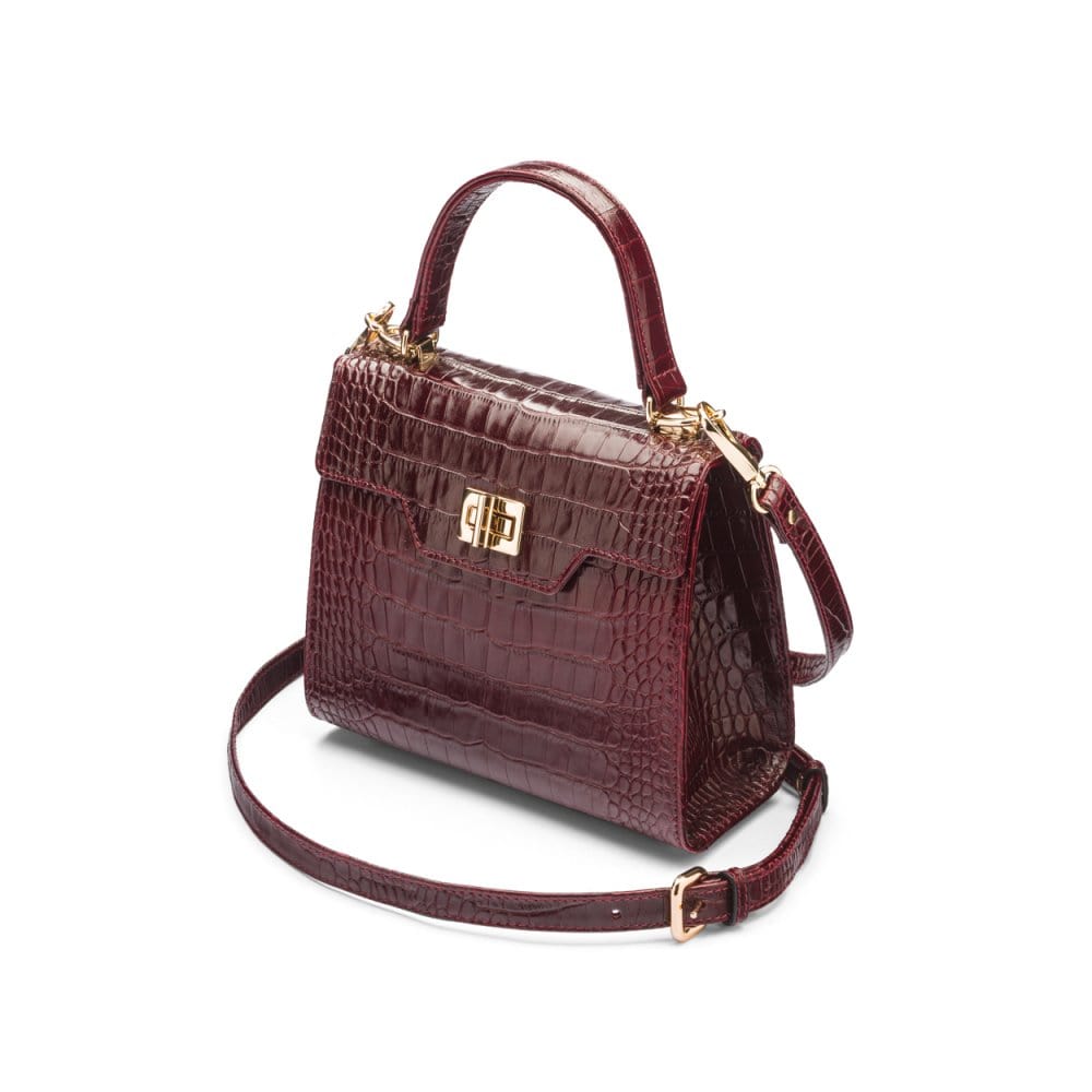 Mini leather Morgan Bag, top handle bag, burgundy croc, side view