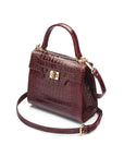 Mini leather Morgan Bag, top handle bag, burgundy croc, side view