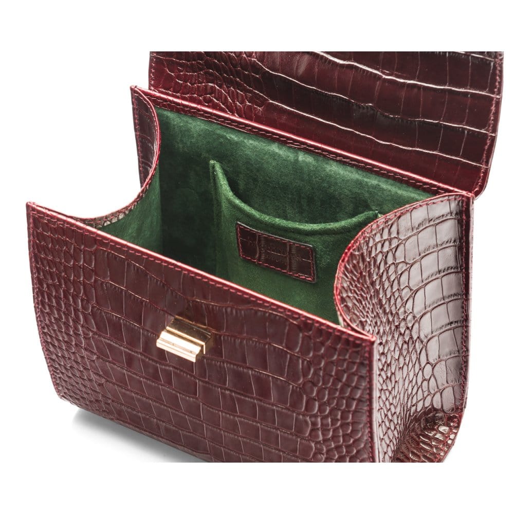 Mini leather Morgan Bag, top handle bag, burgundy croc, inside view