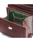 Mini leather Morgan Bag, top handle bag, burgundy croc, inside view