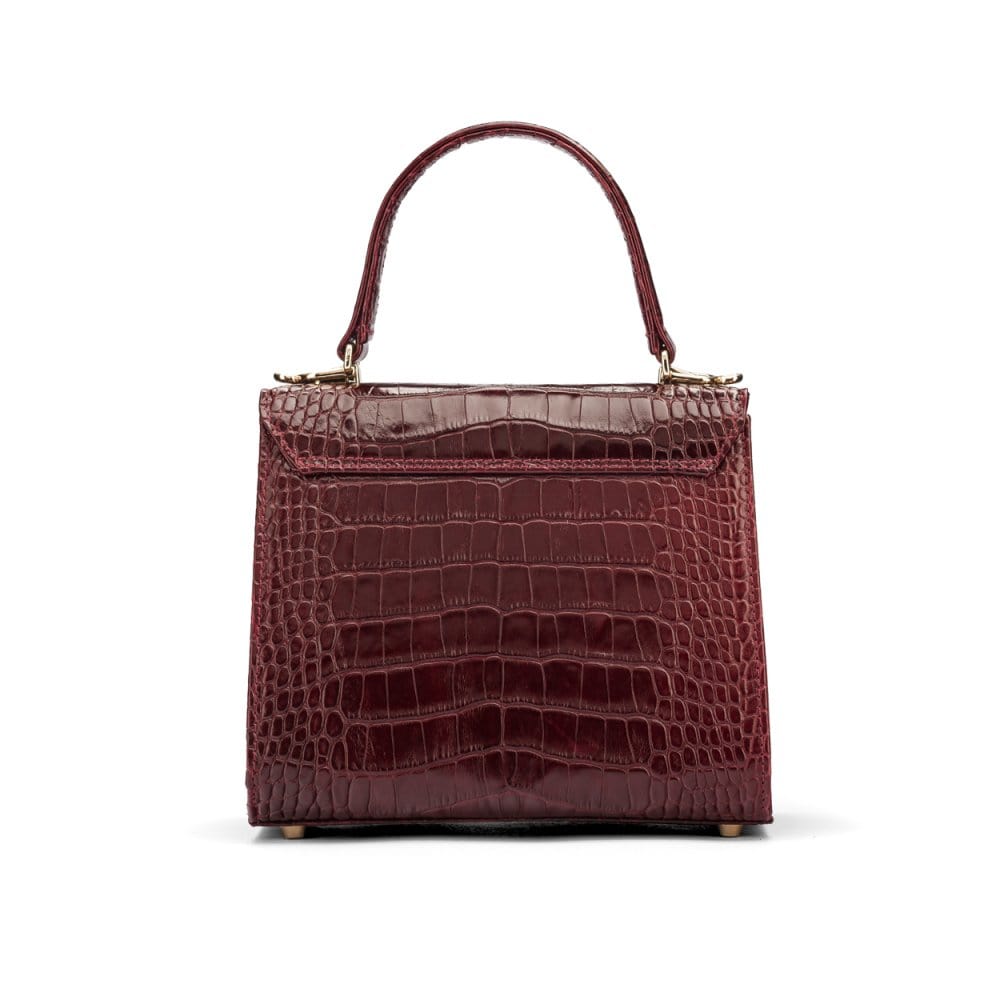 Mini leather Morgan Bag, top handle bag, burgundy croc, back view