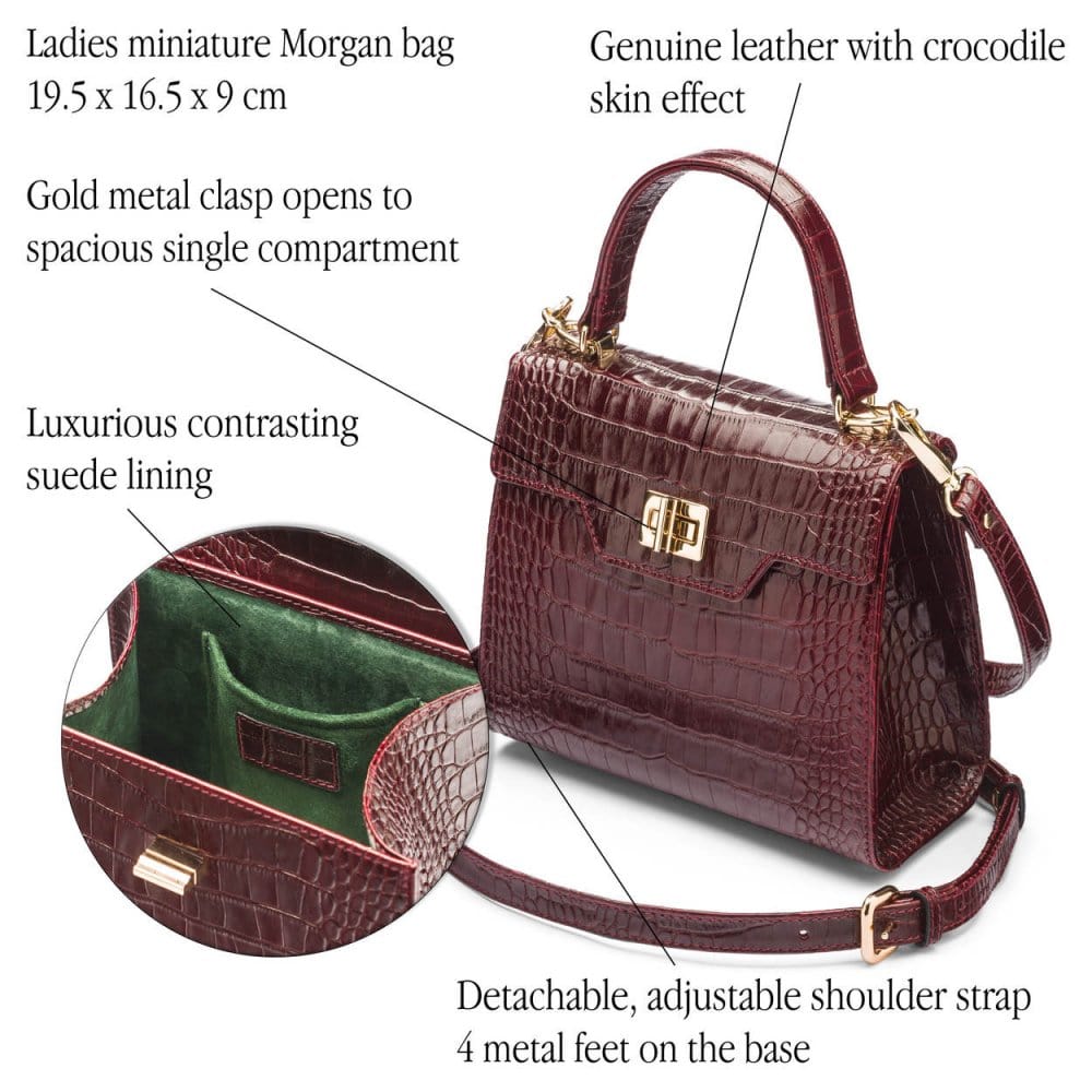 Mini leather Morgan Bag, top handle bag, burgundy croc, features