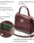 Mini leather Morgan Bag, top handle bag, burgundy croc, features