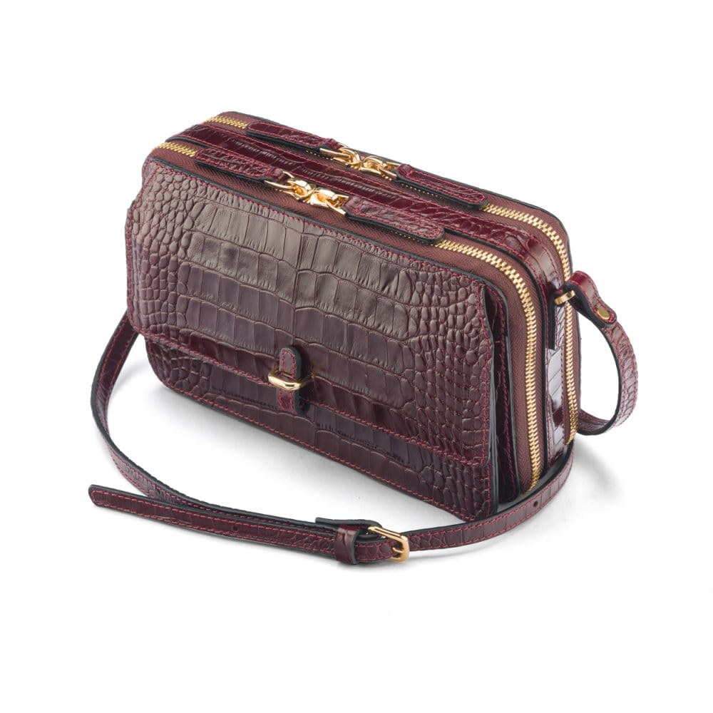 Compact crossbody bag, burgundy croc, side