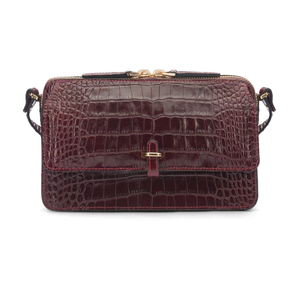 Compact crossbody bag, burgundy croc, front