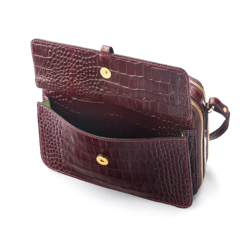 Compact crossbody bag, burgundy croc, front pocket