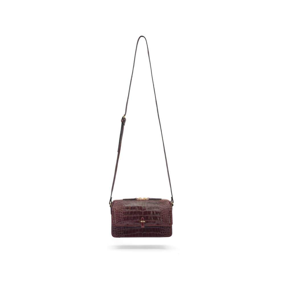 Compact crossbody bag, burgundy croc, with long shoulder strap