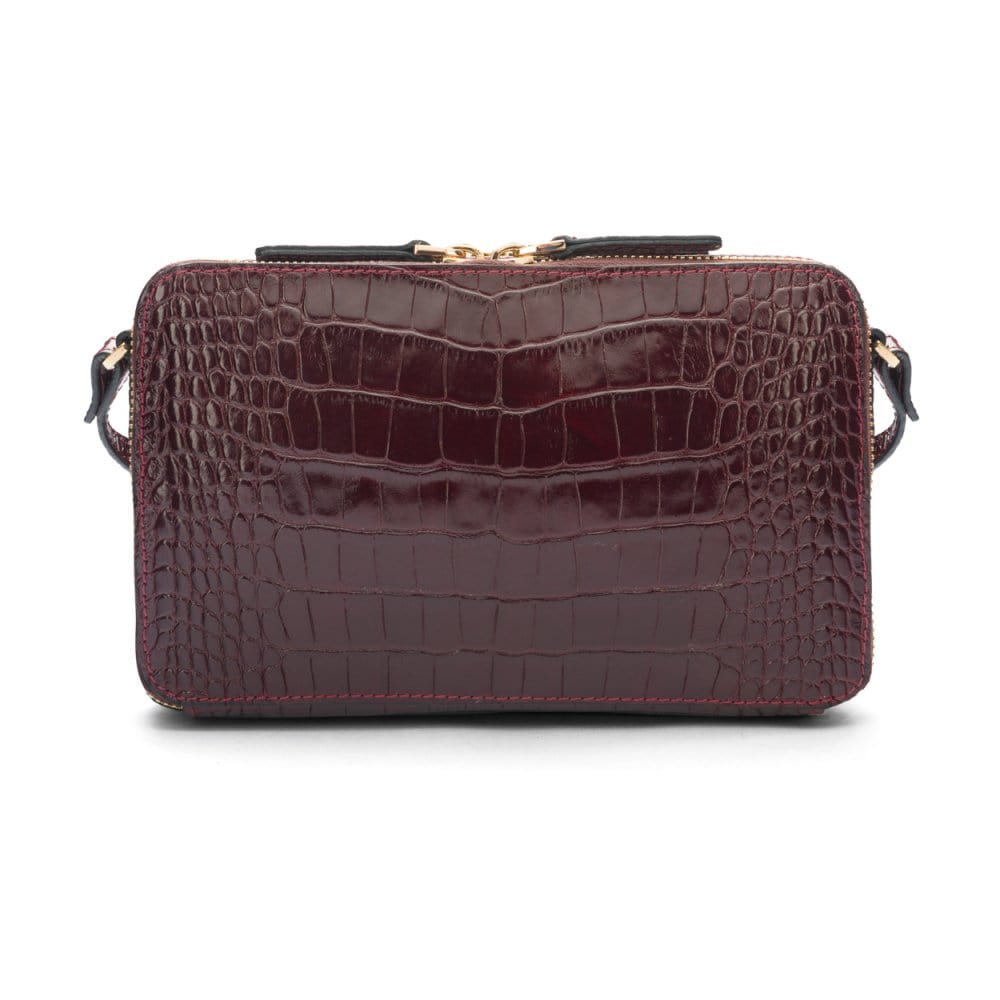 Compact crossbody bag, burgundy croc, back