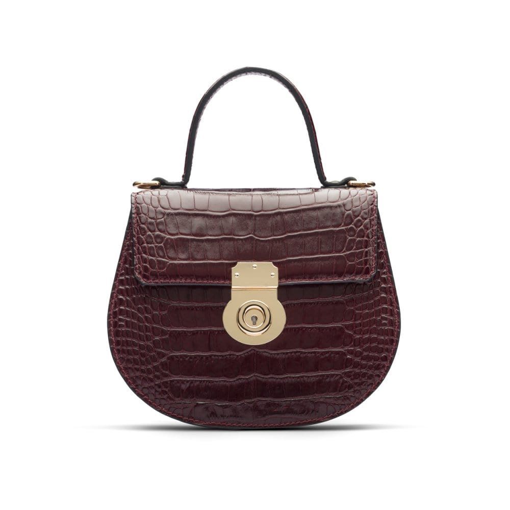 Leather rounded bottom top handle bag, burgundy croc, front