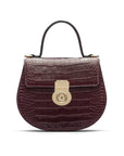 Leather rounded bottom top handle bag, burgundy croc, front