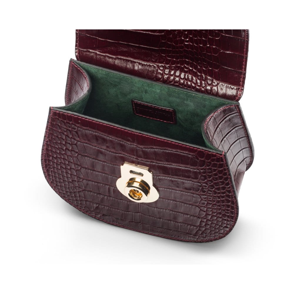 Leather rounded bottom top handle bag, burgundy croc, inside