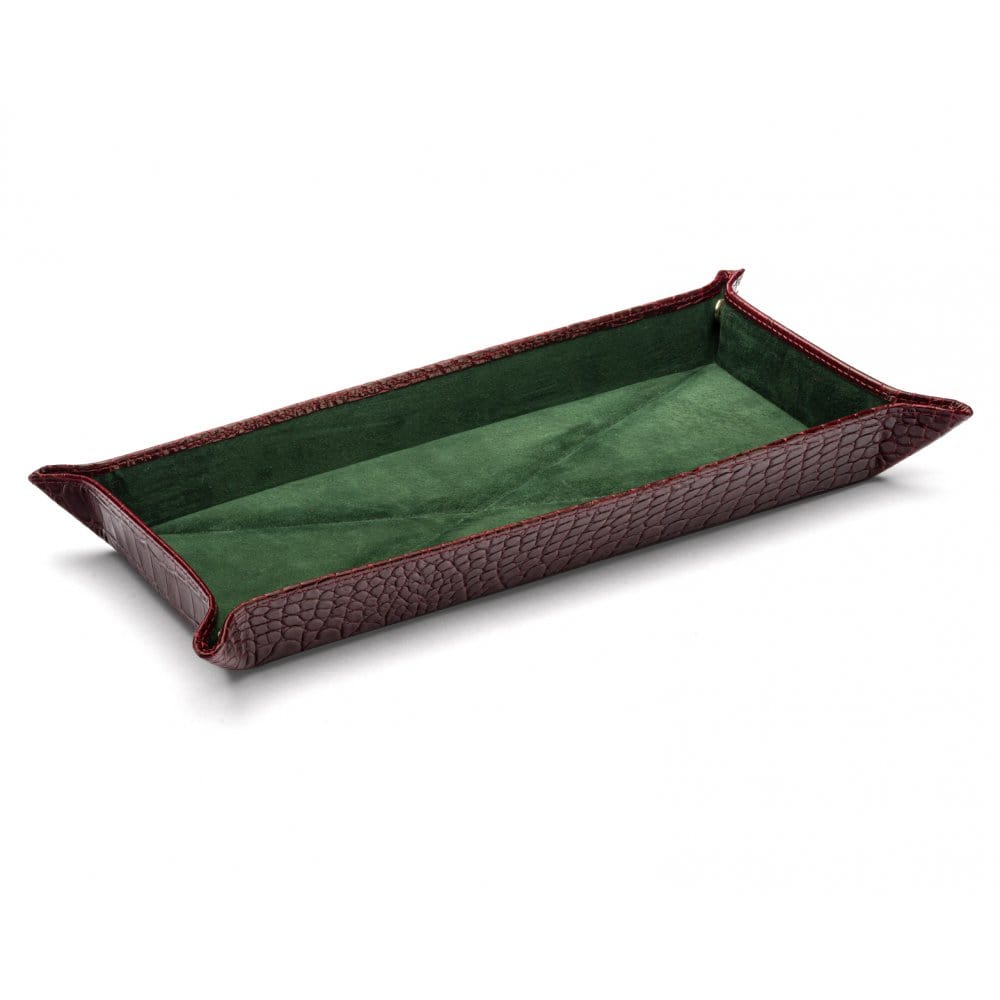 Rectangular valet tray, burgundy croc with green