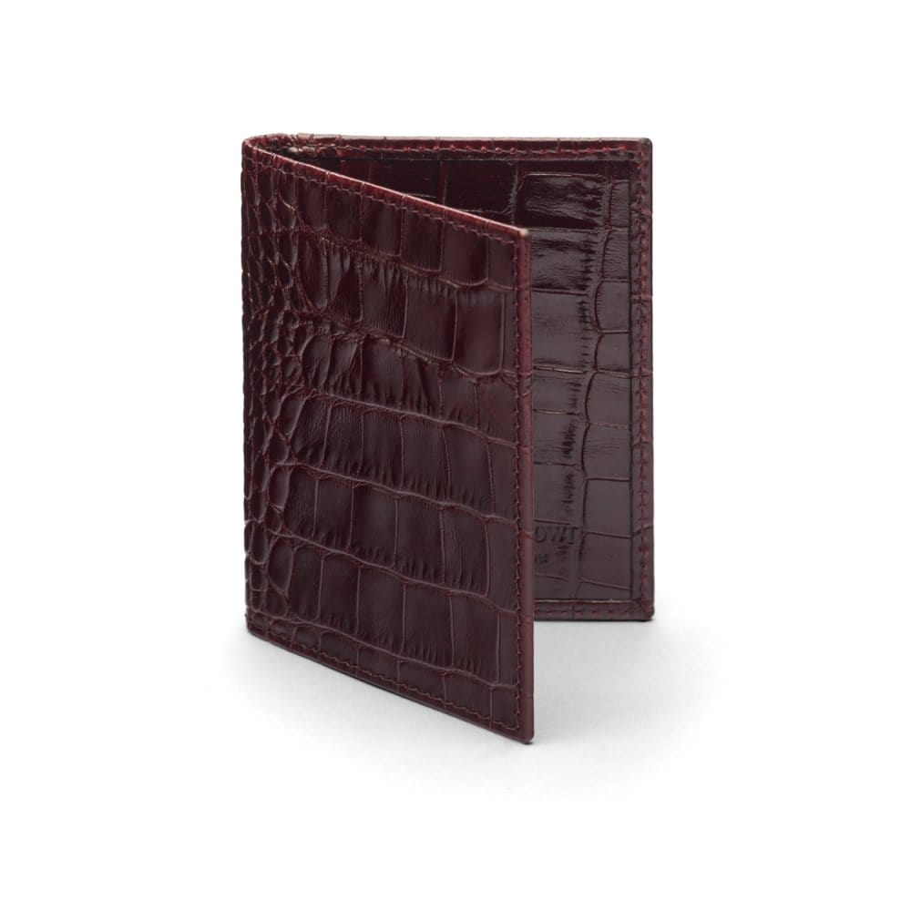 RFID leather credit card holder, burgundy croc, front view