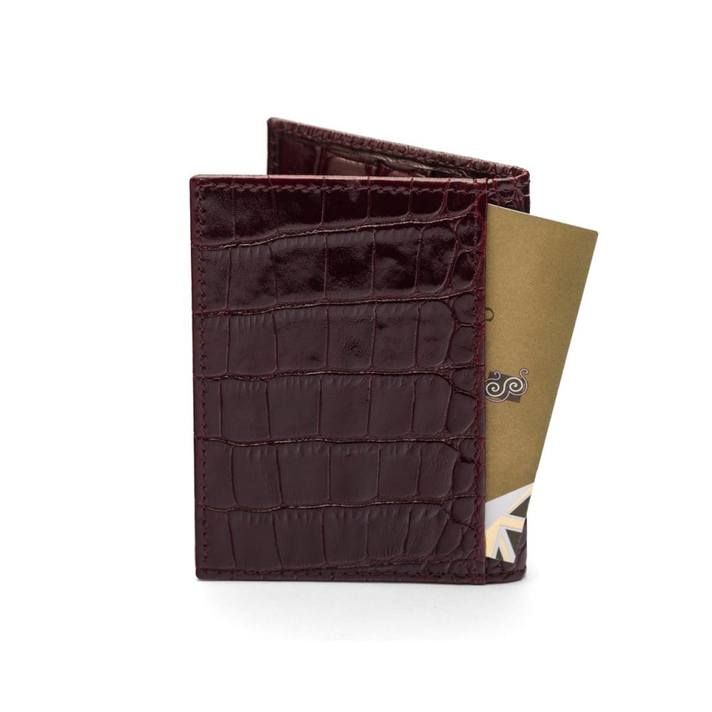 RFID leather credit card holder, burgundy croc, back view