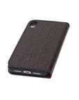Leather iPhone XR wallet case, burgundy croc, back