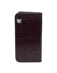 Leather iPhone XR wallet case, burgundy croc, reverse