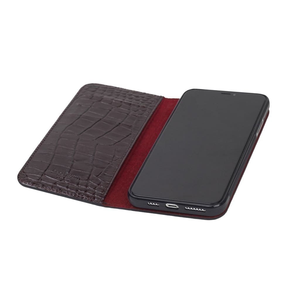 Leather iPhone 11 Pro Max wallet case, burgundy croc, inside