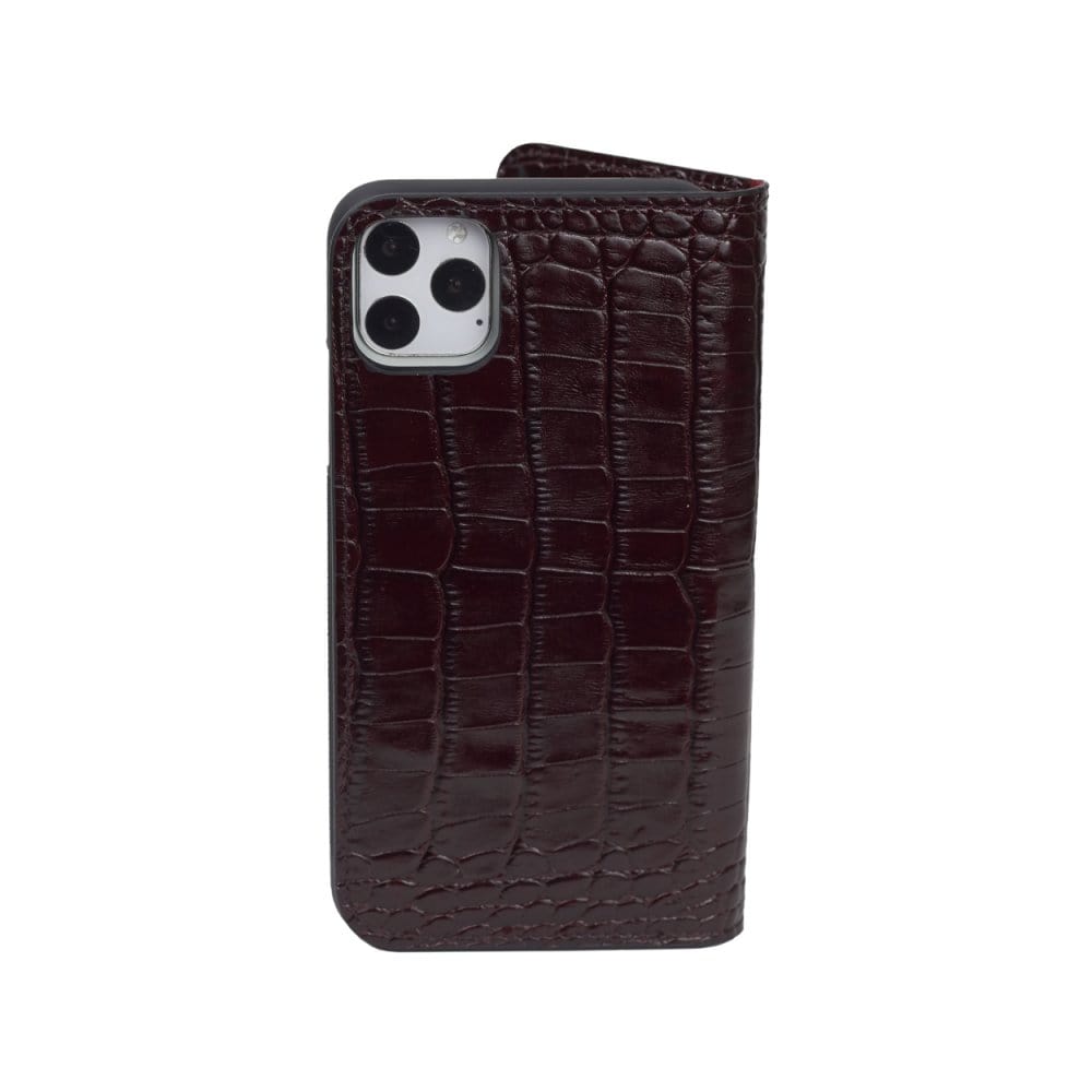 Leather iPhone 11 Pro Max wallet case, burgundy croc, back