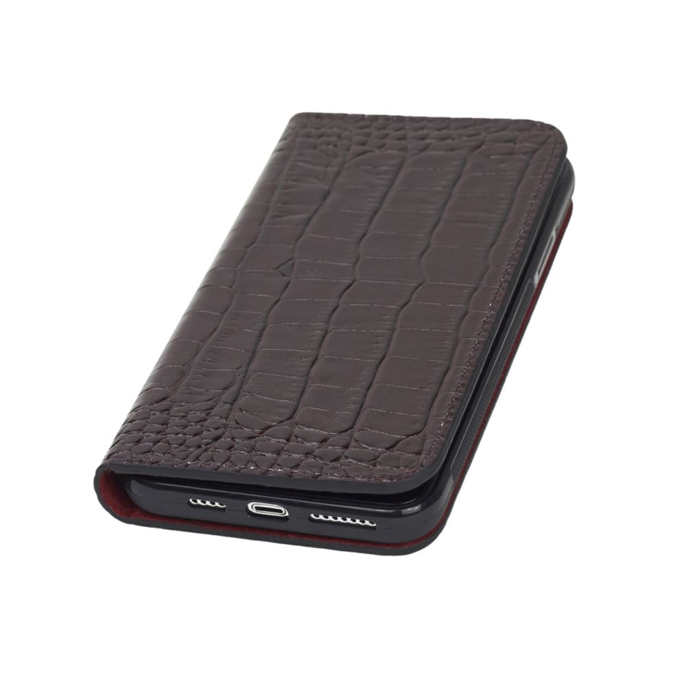 Leather iPhone 11 Pro Max wallet case, burgundy croc, front