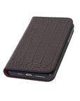 Leather iPhone 11 Pro Max wallet case, burgundy croc, front