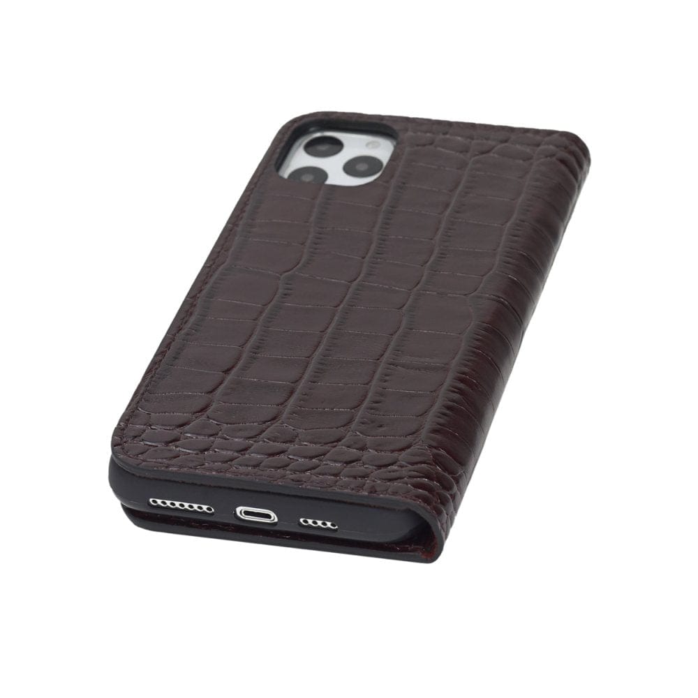 Leather iPhone 11 Pro Max wallet case, burgundy croc, base