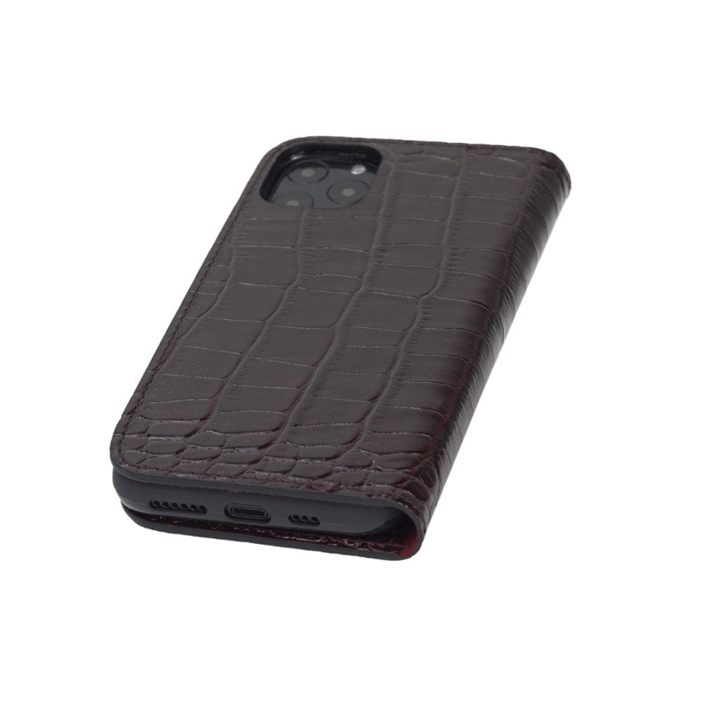 Leather iPhone 11 Pro wallet case, burgundy croc, back