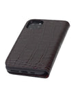 Leather iPhone 11 Pro wallet case, burgundy croc, back