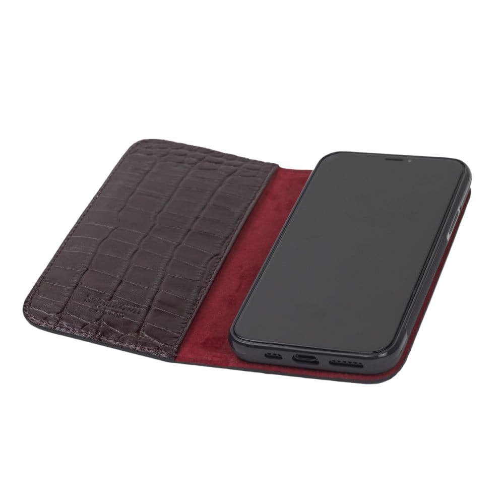 Leather iPhone 11 Pro wallet case, burgundy croc, inside