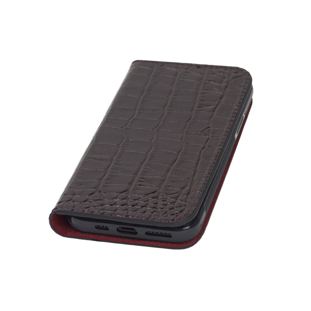 Leather iPhone 11 Pro wallet case, burgundy croc, front