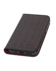 Leather iPhone 11 Pro wallet case, burgundy croc, front