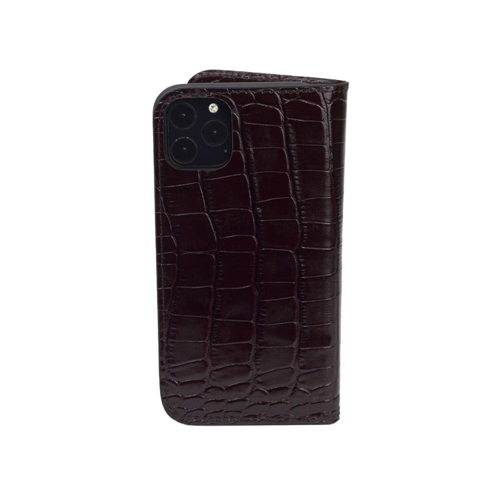 Leather iPhone 11 Pro wallet case, burgundy croc, back 