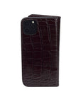 Leather iPhone 11 Pro wallet case, burgundy croc, back 