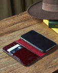 Leather iPhone 11 Pro wallet case, burgundy croc, lifestyle