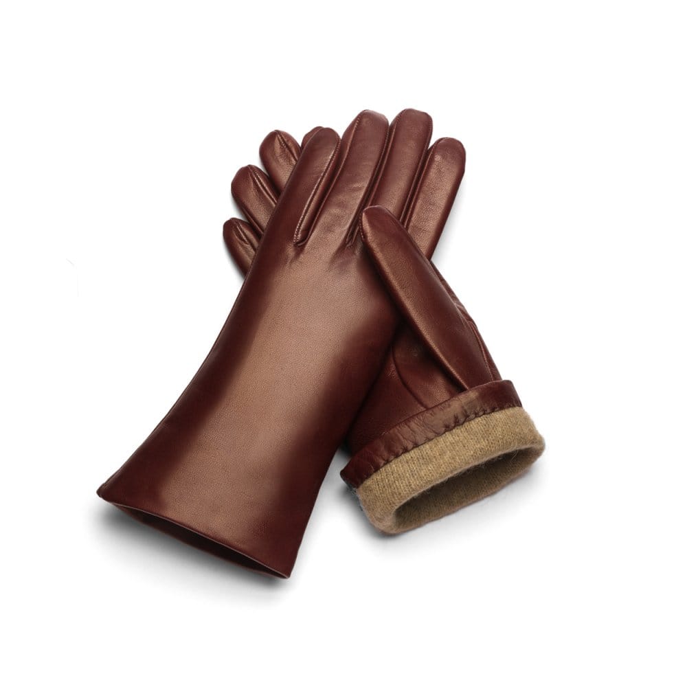 Women's Leather Gloves, Cashmere Lined, Burgundy SageBrown