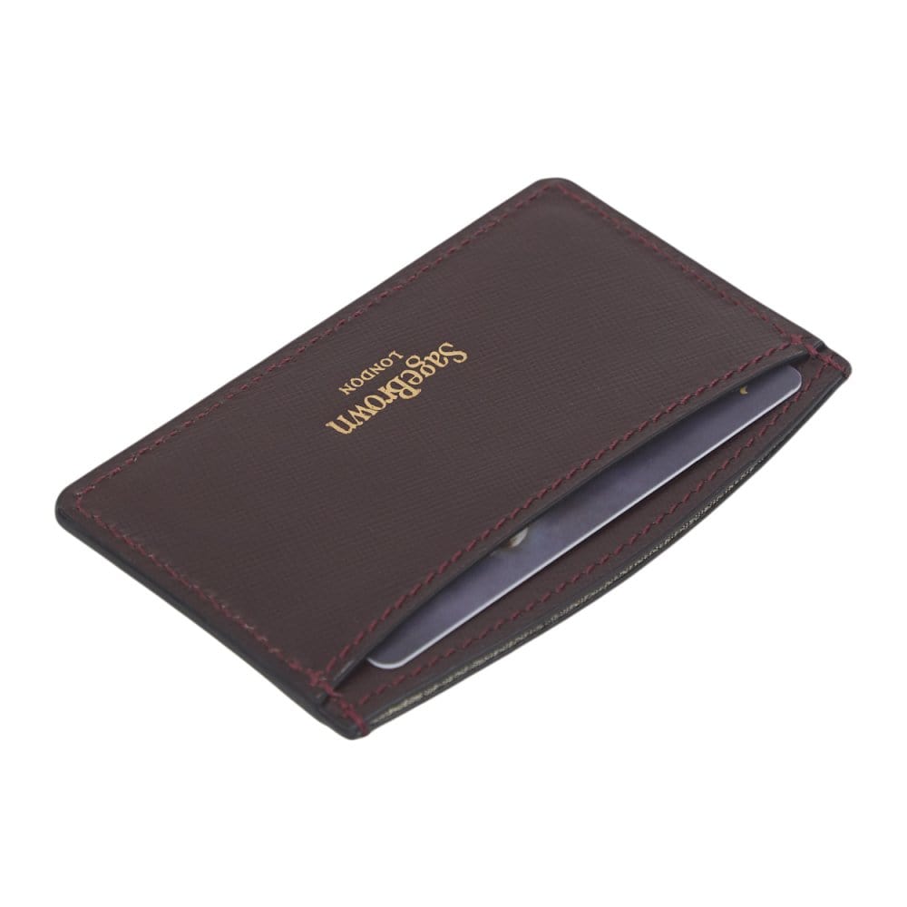 Burgundy Saffiano Flat Leather Credit Card Case With RFID Blocking Lining