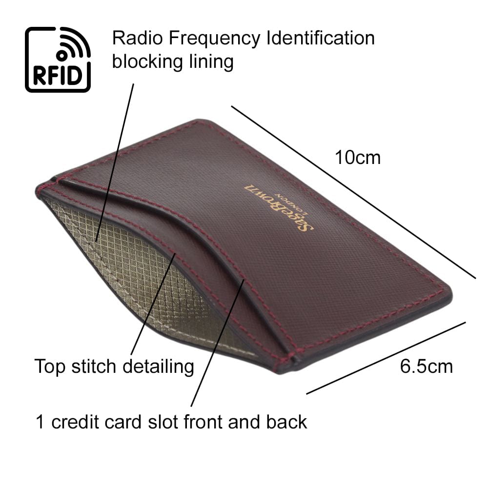 RFID Flat Leather Card Holder, burgundy saffiano, features