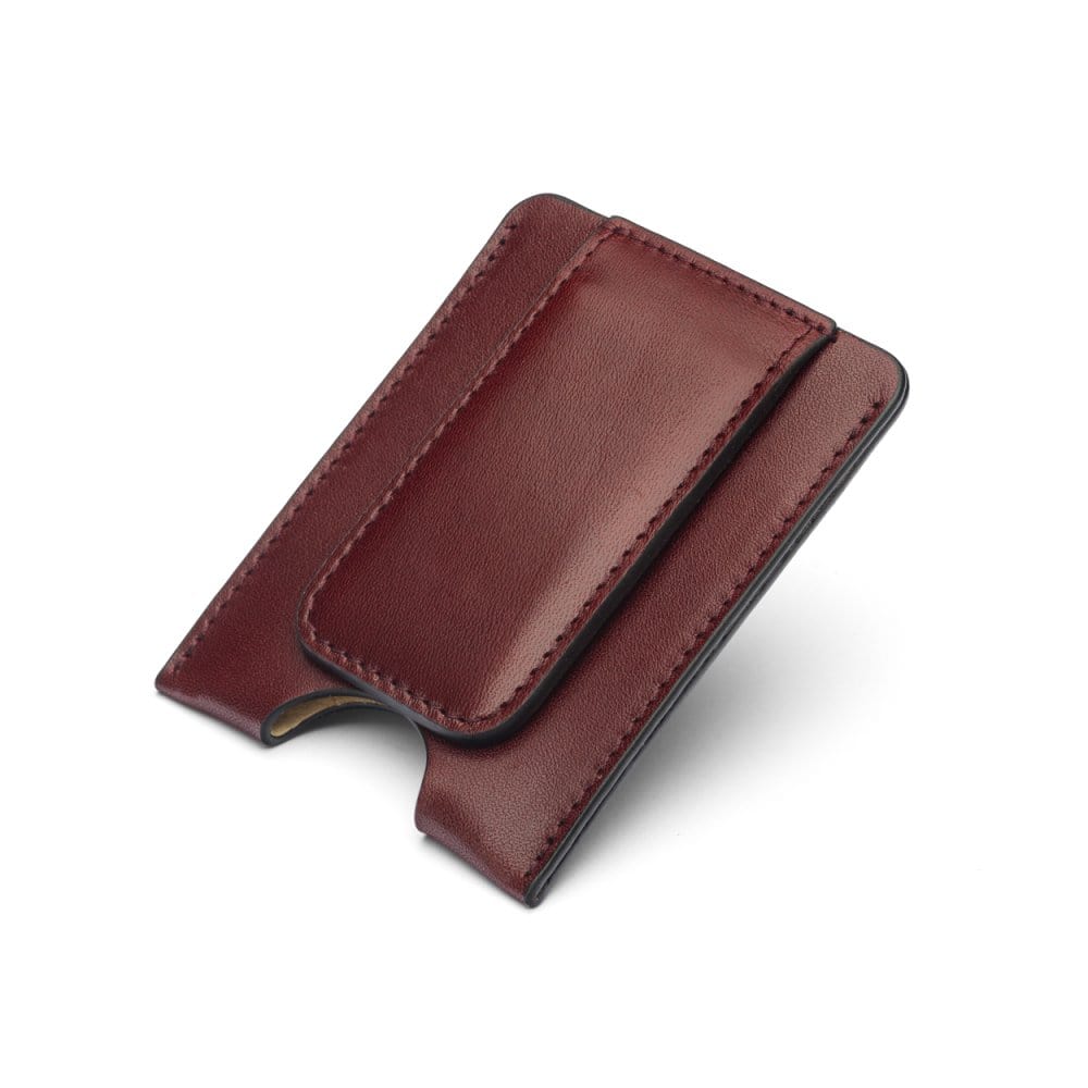 Flat magnetic leather money clip card holder, burgundy, front