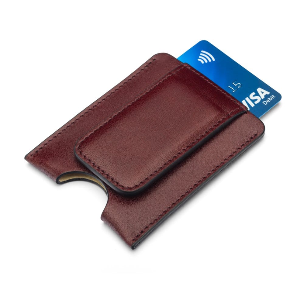 Flat magnetic leather money clip card holder, burgundy