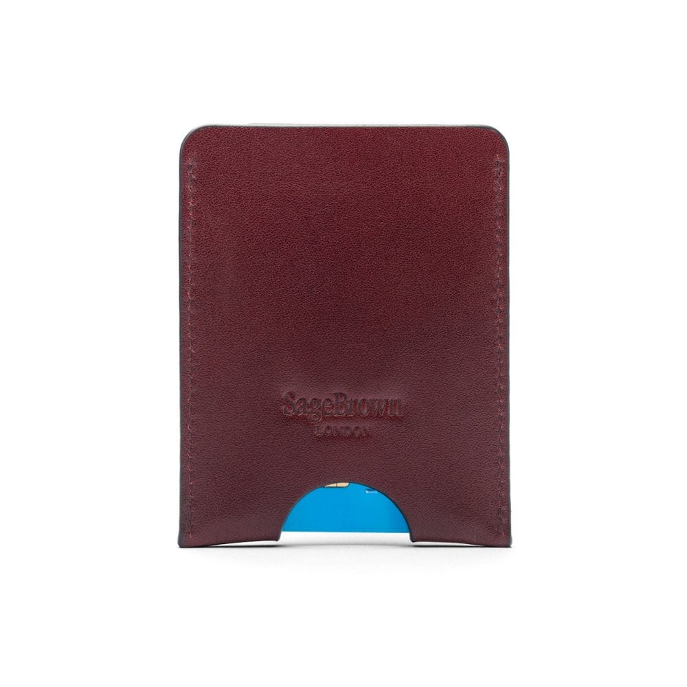 Flat magnetic leather money clip card holder, burgundy, back
