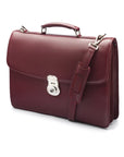 Leather briefcase with silver lock, Harvard, burgundy pebble grain, side