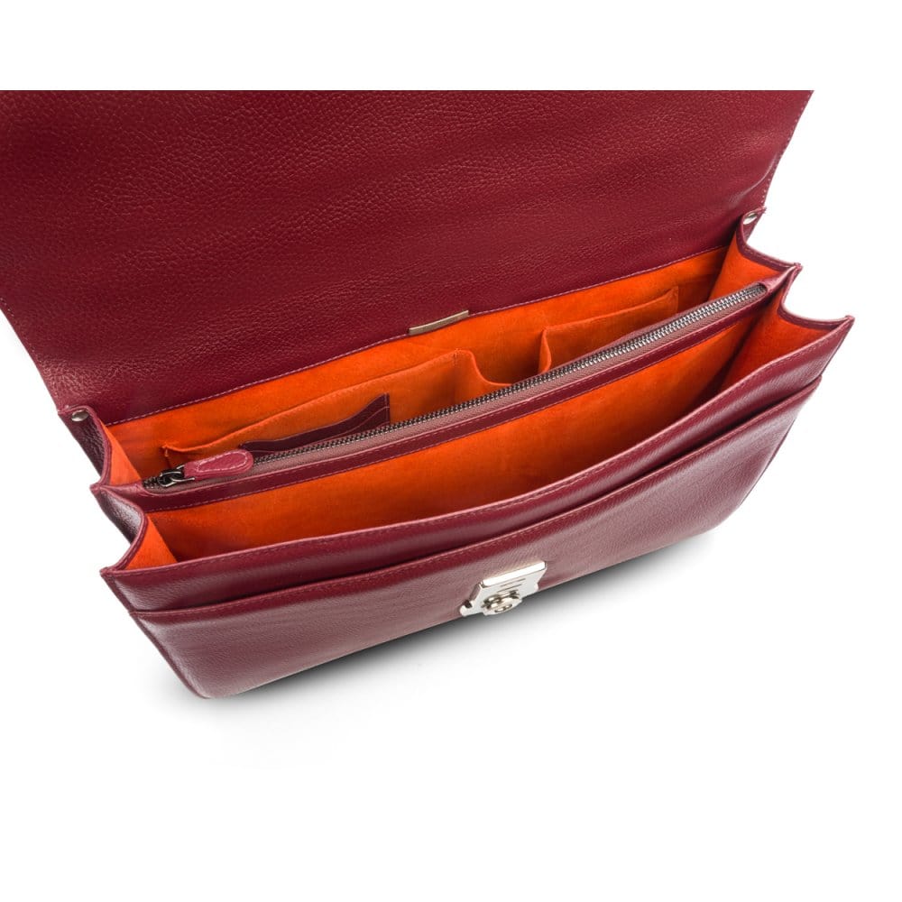Leather briefcase with silver lock, Harvard, burgundy pebble grain, inside