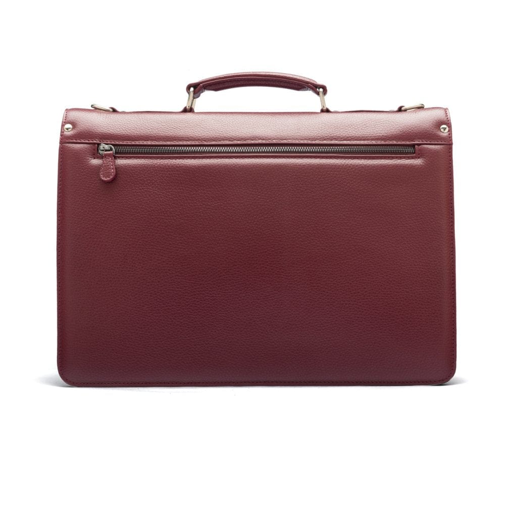Leather briefcase with silver lock, Harvard, burgundy pebble grain, back