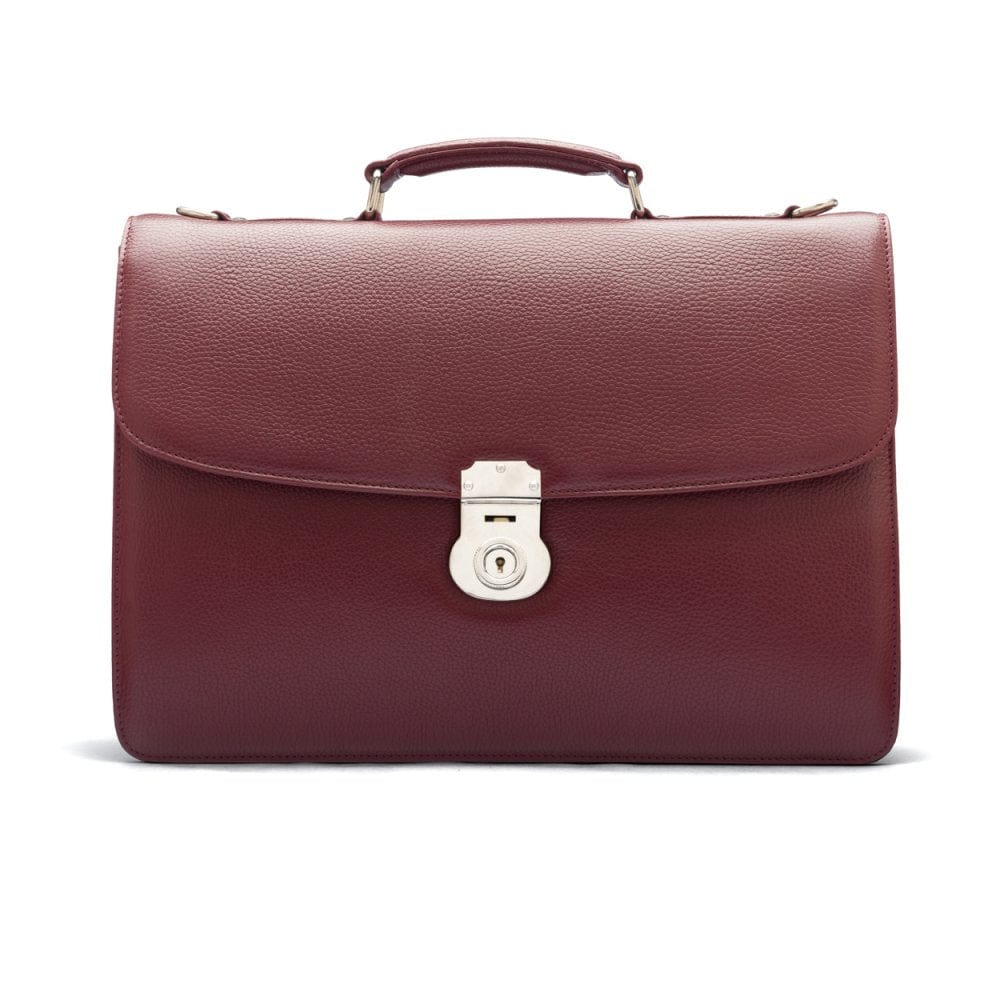 Leather briefcase with silver lock, Harvard, burgundy pebble grain, front