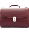 Leather briefcase with silver lock, Harvard, burgundy pebble grain, front