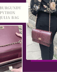 Leather chain bag, burgundy python