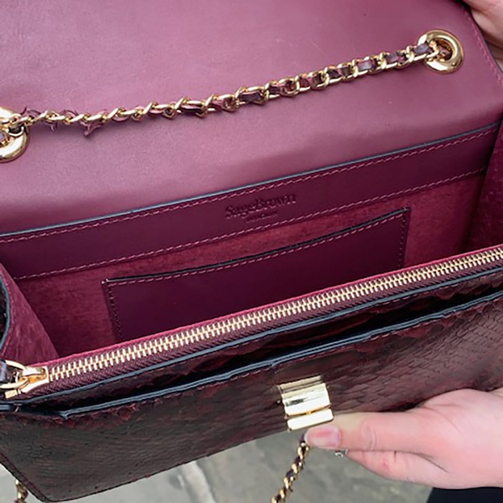 Leather chain bag, burgundy python, inside view