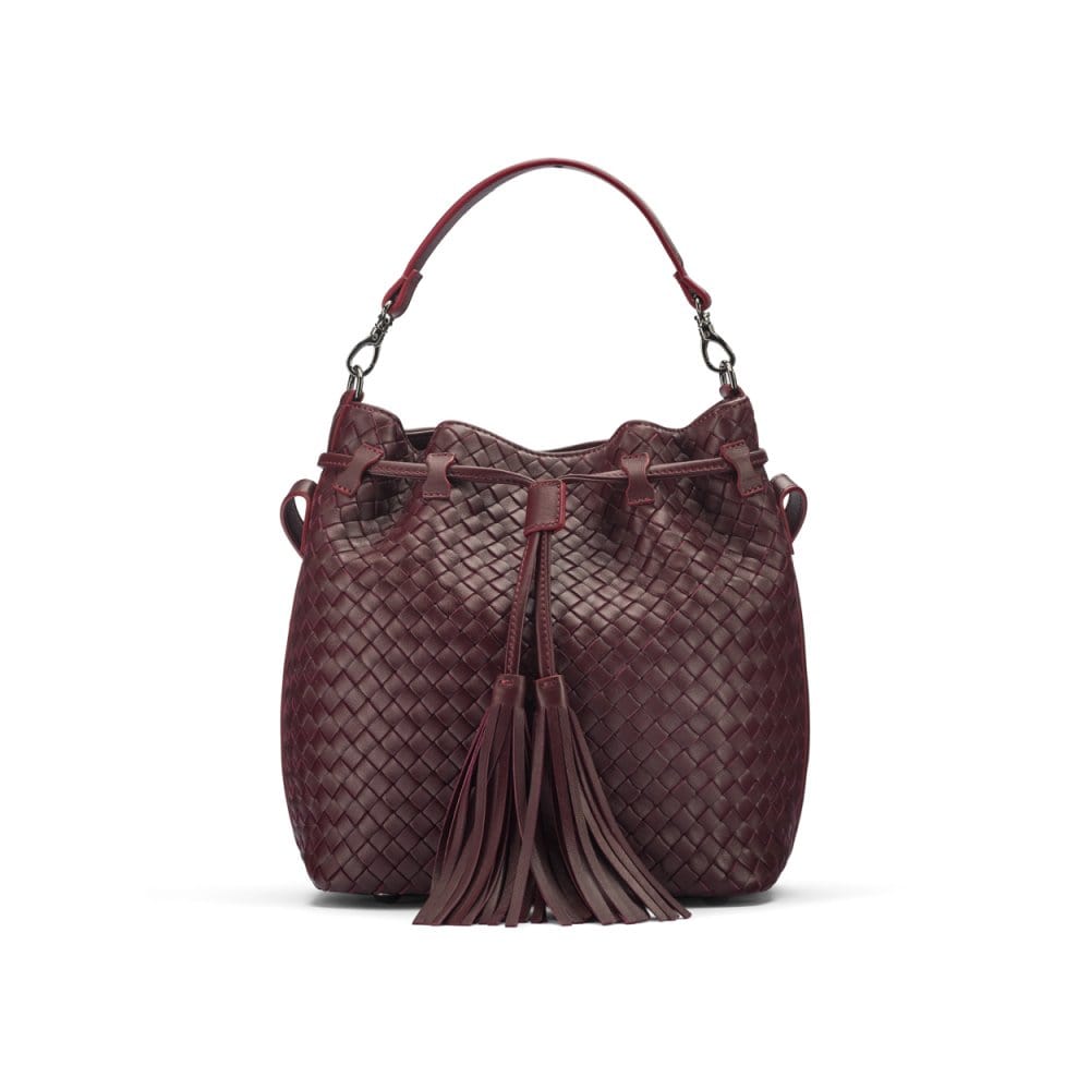 Woven leather bucket bag, burgundy, front